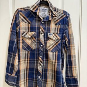 Wrangler Blue and Tan Plaid Western Button-Up Shirt